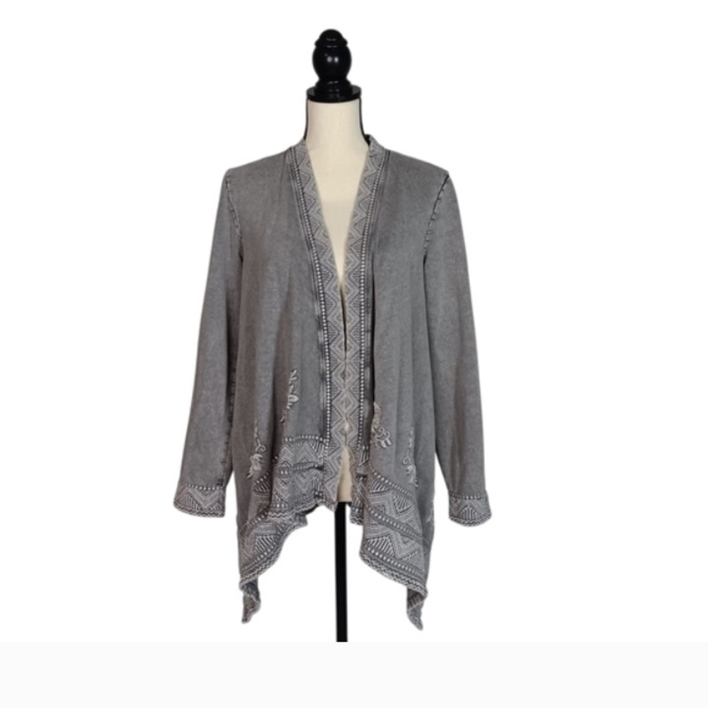 Coldwater Creek Gray Embroidered Coastal Grandma Cardigan Sweater  Waterfall Hem